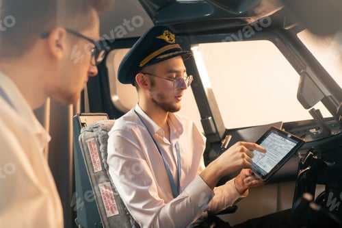 Preview: pilots in the cockpit of the plane near the control panel with a tablet in their hands discuss route