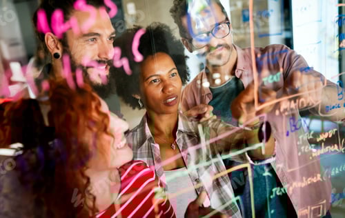 Preview: Happy coworker startup people working and having meeting with friendly diverse colleagues in office.