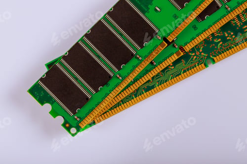 Preview: Green stick of RAM memory for computer with electronics components on computer repair copy space for