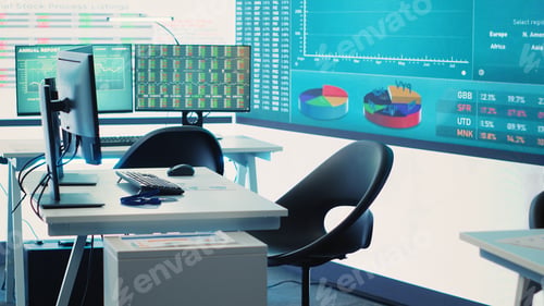 Preview: Empty business enterprise control room with a big LED screen