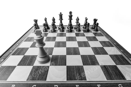 Preview: white chess king lined up against all the black pawns on the board with large wide-angle distortion