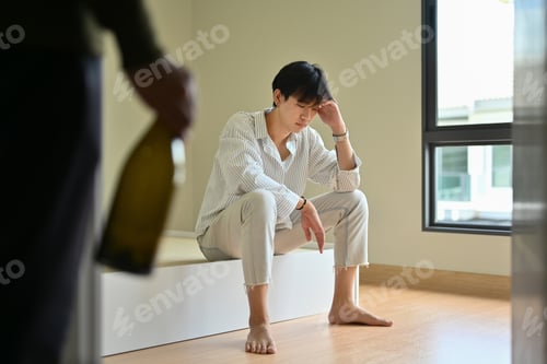 Preview: Unhappy gay man boring with drunk aggressive boyfriend. LGBTQ relationship and alcoholism concept