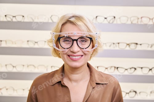 Preview: Middle-aged woman in an optical salon wearing trial frames