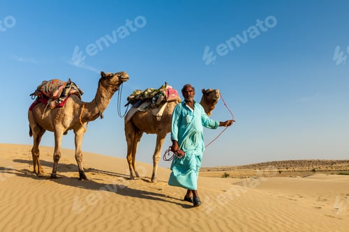 Preview: Cameleer (camel driver) with camels in dunes of Thar desert. Raj