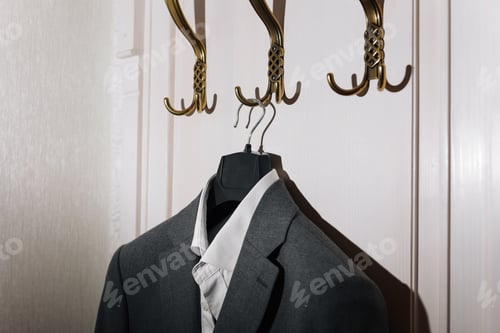 Preview: Man's dark grey suit jacket and white shirt hanging on gold metal hook on white wall background.