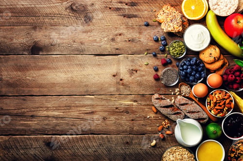 Preview: Healthy breakfast ingredients, food frame. Granola, egg, nuts, fruits, berries, toast, milk, yogurt