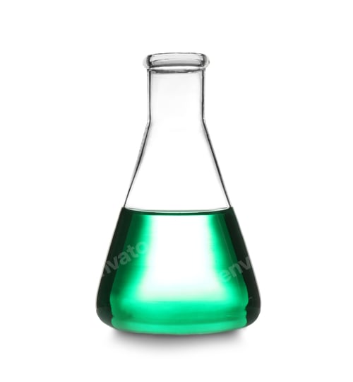 Preview: Laboratory glassware with color sample on white background. Solution chemistry