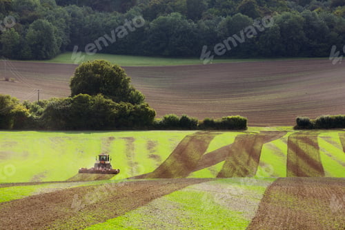 Preview: Farmland landscape in August, a rolling landscape with green and brown fields, green crop growing in