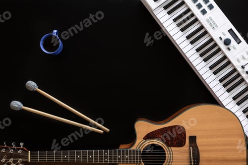 Preview: Musical background with guitar, piano, drum sticks and a cup of coffee.