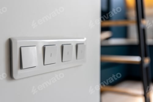 Preview: Light switch block on white wall in modern apartment. Light under control.