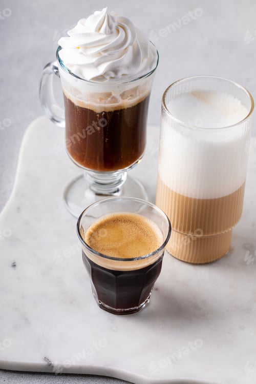 Preview: Variety of coffee or espresso drinks in different glasses
