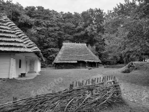 Preview: Grayscale shot of cabins surrounded by a forest in Old Village, Poland