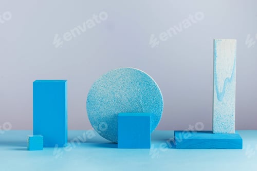 Preview: Geometric blue shapes. Abstract shapes. Empty podiums for your product. Minimalism. Copy space.