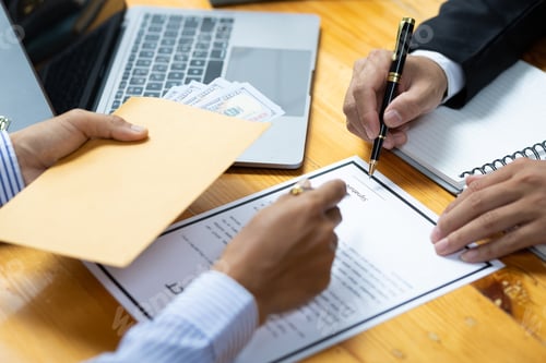 Preview: Paying or bribing the signing of an contract agreement. Illegal crime and dishonesty concepts.