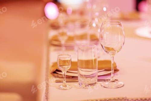 Preview: Serving on the table. Crystal glasses. Wedding. Banquet.