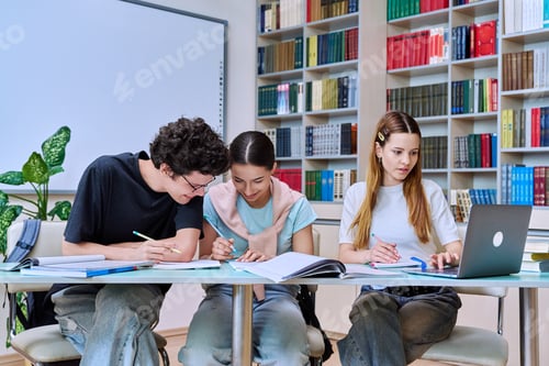Preview: Group of high school students studying in library classroom