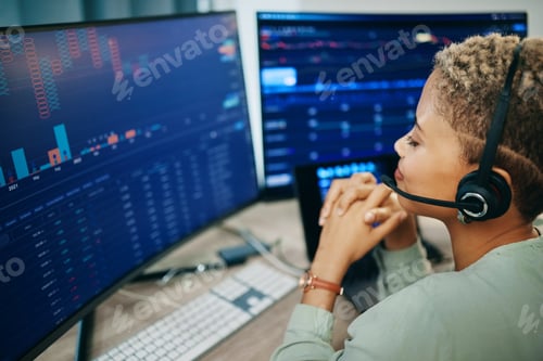 Preview: Business, computer screen and woman with investment, headphones and connection with data analysis.