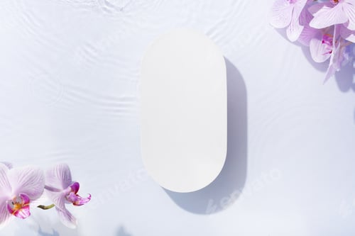 Preview: Podium or pedestal of water ripples and orchid flowers top view. Summer cosmetic template
