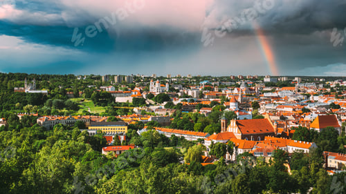 Preview: Vilnius, Lithuania. Summer Sunset Sunrise Over Cityscape Of Vilnius, Lithuania. Beautiful View Of