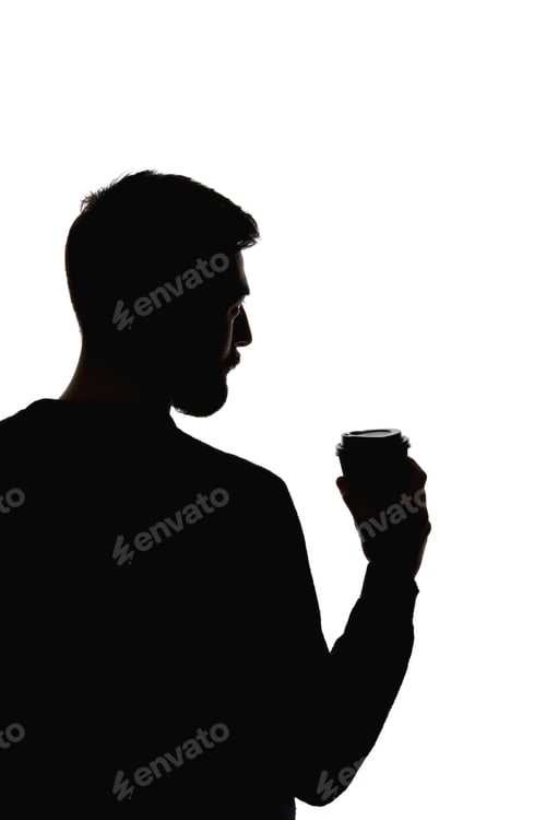 Preview: Silhouette of man holding paper cup of coffee isolated on white