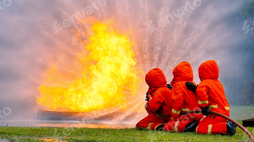 Preview: Firefighter Rescue training in fire fighting extinguisher. Firefighter fighting with flame