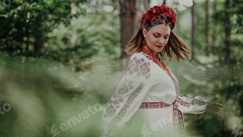 Preview: Beautiful ukrainian woman dancing in fir forest, Carpathian mountains nature.