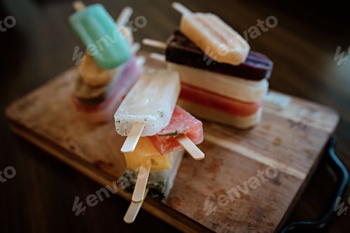 Preview: Close-up of assorted colorful popsicles stacked on a wooden board indoors
