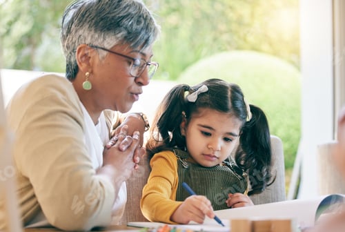 Preview: Teaching, grandma or girl learning drawing in book for creative skills or growth development. Senio