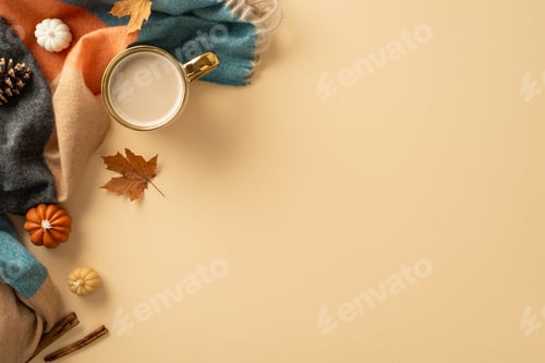 Preview: Embrace autumnal charm: top view featuring cup of fresh coffee, soft plaid, small pumpkins