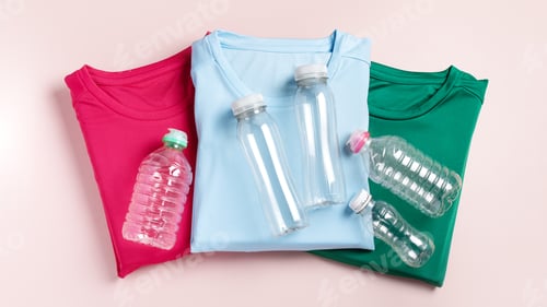 Preview: concept of clothing production from recycled plastic materials, top view