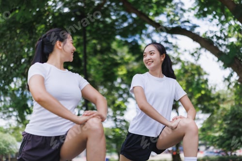 Preview: Young asian women stretching outdoors sharing healthy lifestyle