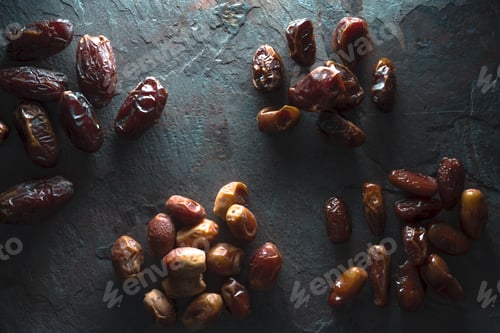Preview: Groups of dried dates on a gray background copy space