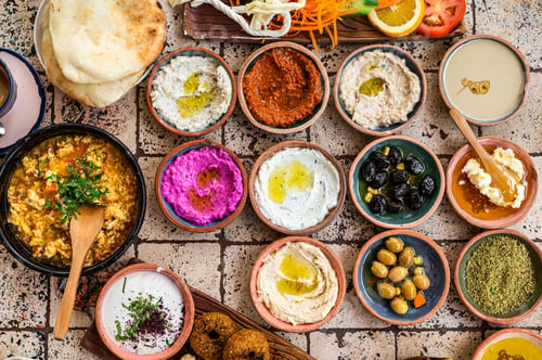 Preview: Turkish Village breakfast table served in a restaurant. Top view