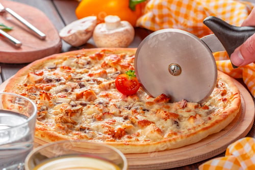 Preview: Delicious fresh pizza served on wooden table
