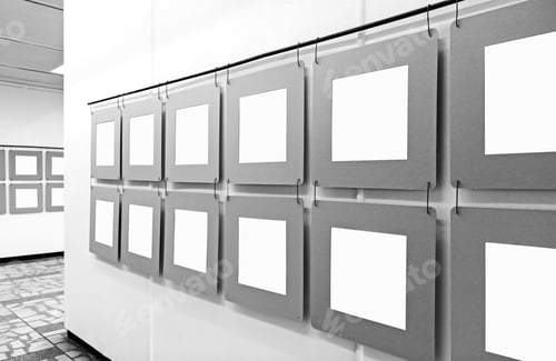 Preview: Art gallery mockup with blank paper posters hanging on the walls