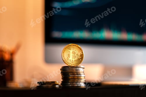 Preview: Bitcoin is placed on a desk in front of a computer graph