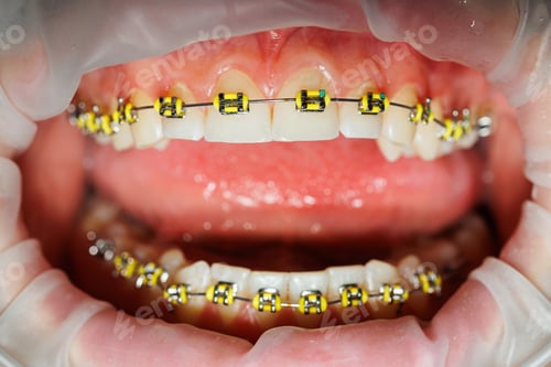 Preview: Extender for teeth. Teeth of a woman with braces at a dentist appointment. Orthodontic