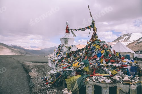 Preview: stupa and prayer flags in Indian Himalayas, Ladakh region