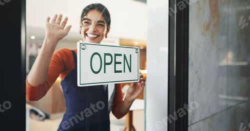 Preview: Open sign, cafe and woman in small business, smile and entrepreneur with new store, welcome and doo