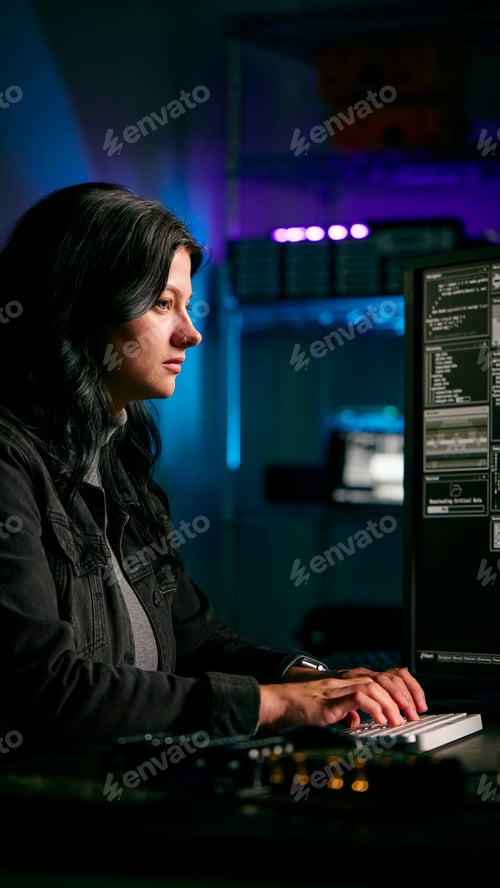 Preview: Low Key Lighting Shot Of Female Computer Hacker Sitting In Front Of Screens Breaching Cyber Security