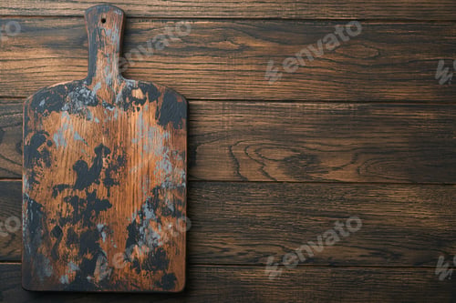 Preview: Cutting board with kitchen spoons and red napkin and parsley, tomato for cooking on old wooden dark