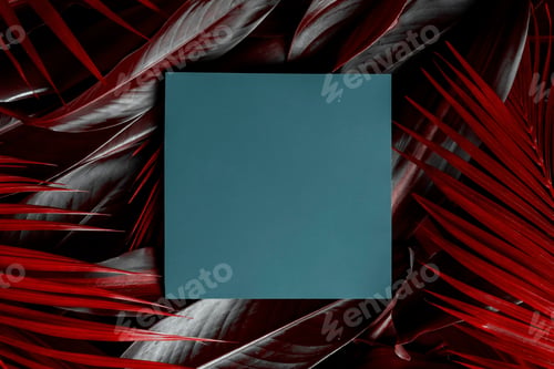 Preview: Creative nature layout of red tropical leaves with a blue square card.