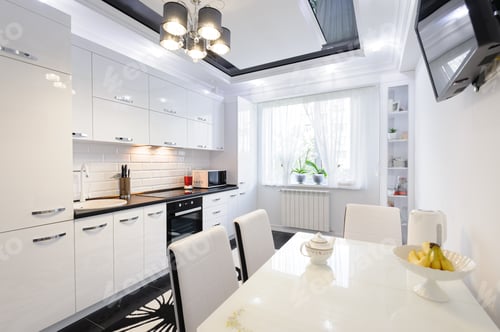 Preview: Modern Kitchen Interior with Island Table and Fruits