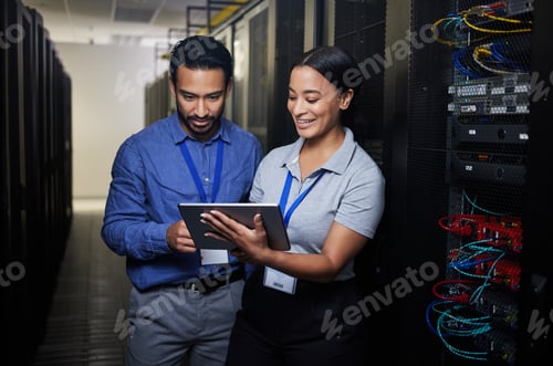 Preview: People, manager and tablet for server room, cybersecurity, engineering, programming or coding solut