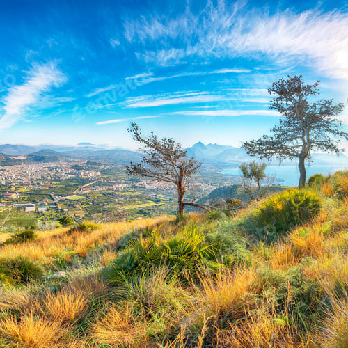 Preview: Gorgeous morning view of Bagheria town and national park Orientata Pizzo Cane.