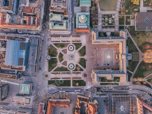 Preview: Aerial view of central Stuttgart, Germany during sunset.