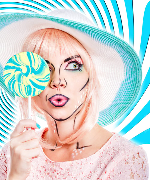 Preview: The Girl In The Hat Hides Her Face Behind A Lollipop. Creative Makeup In The Style Of Pop Art