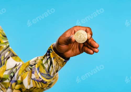 Preview: Crop person showing bitcoin in hand