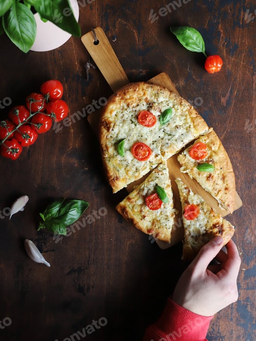 Preview: Fresh Tomato and Mozzarella Pizza on Wooden Board