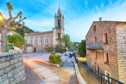 Preview: Majestic evening cityscape with Parish Church of the Assumption in Zonza village